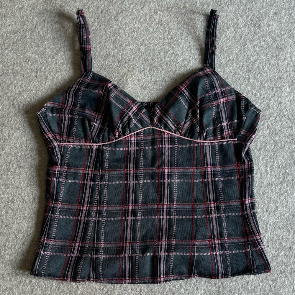 Morgan de toi purple and pink plaid cami corset top